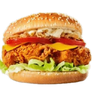 Spicy chicken burger with melted cheese, tomato and lettuce on a toasted bun