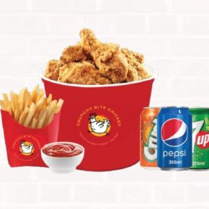 Part combo with Crispy juicy fried chicken with large fries and dipping sauce and 3 cans of soft drinks