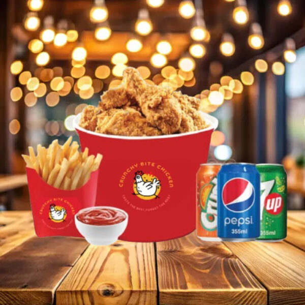 family combo with crispy fried chicken, large fries, dipping sauce and 3 pops