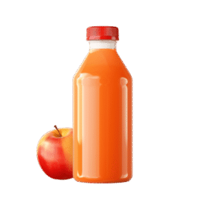 Glass bottle of juice with an apple on side